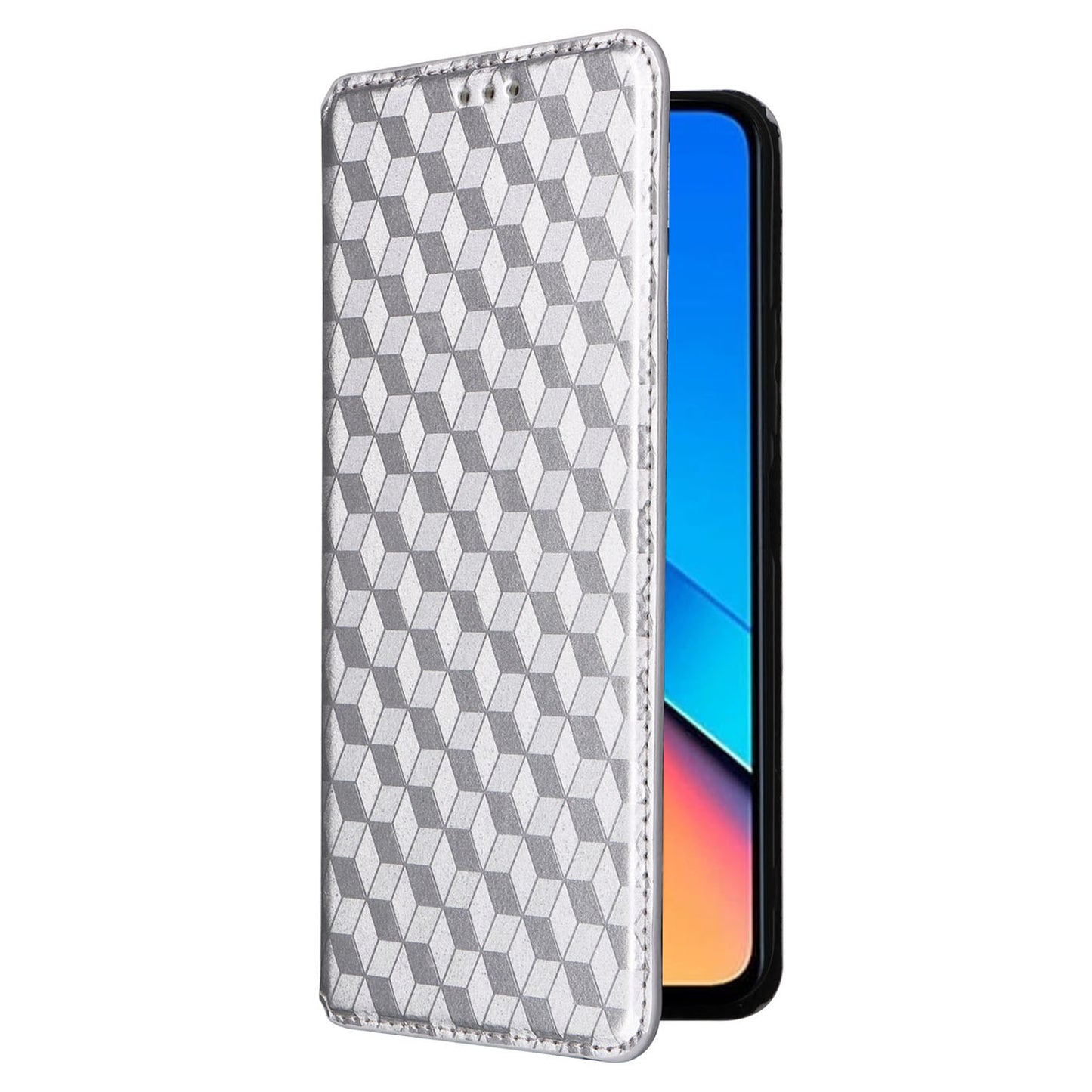 Flip Stand Phone Case for Xiaomi Redmi 12 4G Rhombus Imprinted PU Leather Wallet Cover - Silver