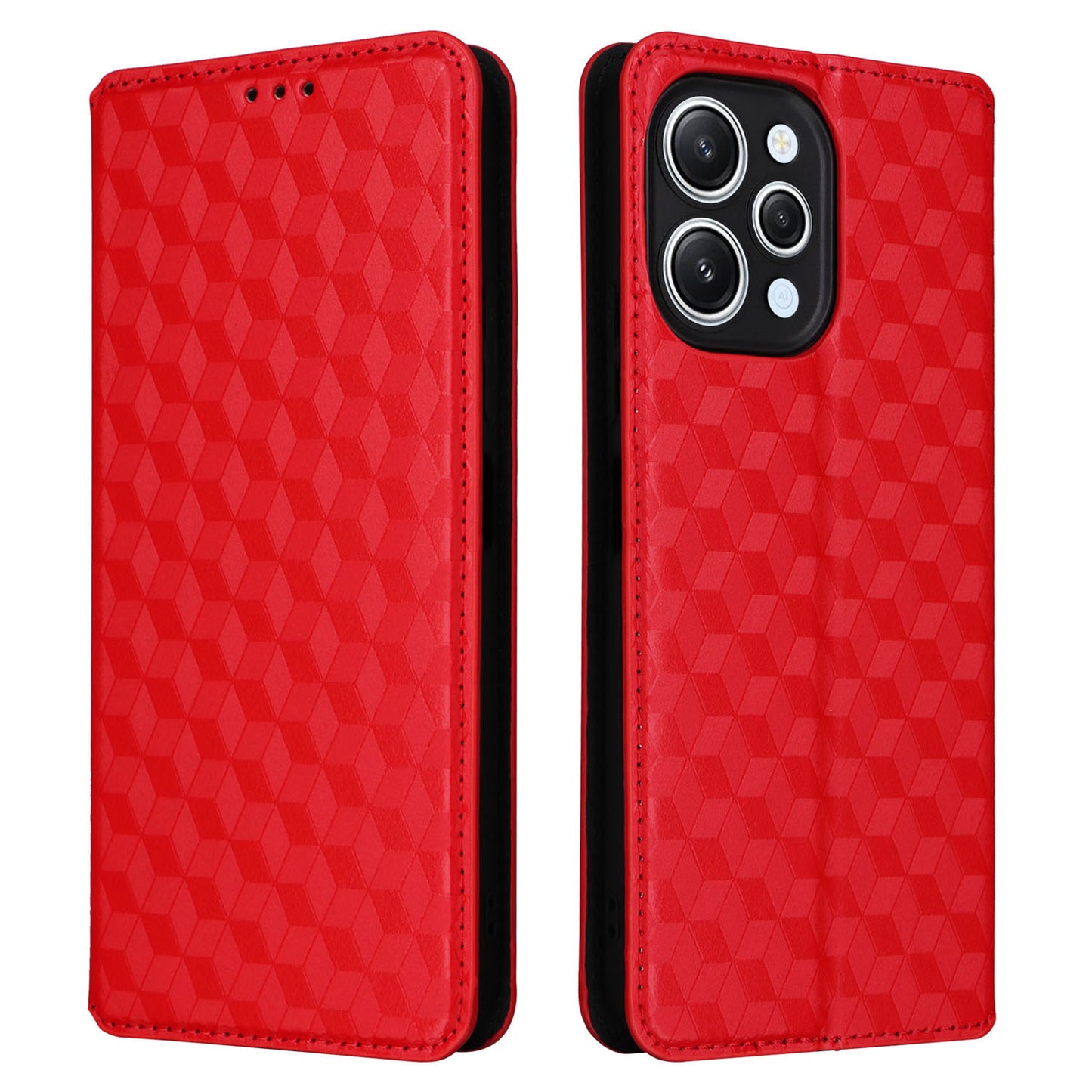 Flip Stand Phone Case for Xiaomi Redmi 12 4G Rhombus Imprinted PU Leather Wallet Cover - Red