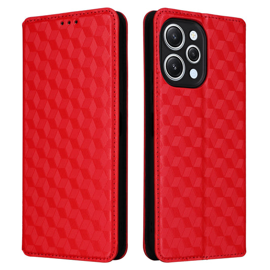 Flip Stand Phone Case for Xiaomi Redmi 12 4G Rhombus Imprinted PU Leather Wallet Cover - Red