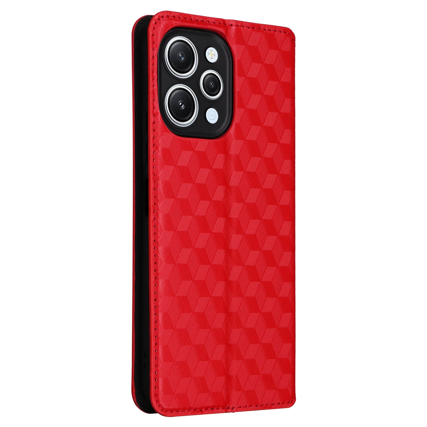 Flip Stand Phone Case for Xiaomi Redmi 12 4G Rhombus Imprinted PU Leather Wallet Cover - Red