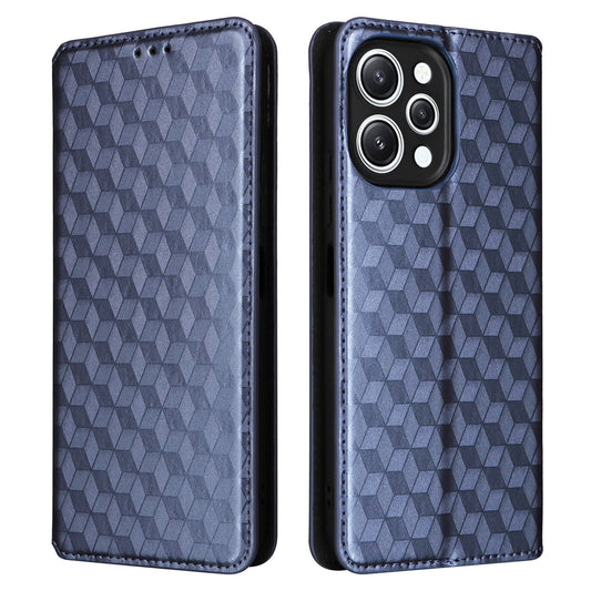 Flip Stand Phone Case for Xiaomi Redmi 12 4G Rhombus Imprinted PU Leather Wallet Cover - Blue