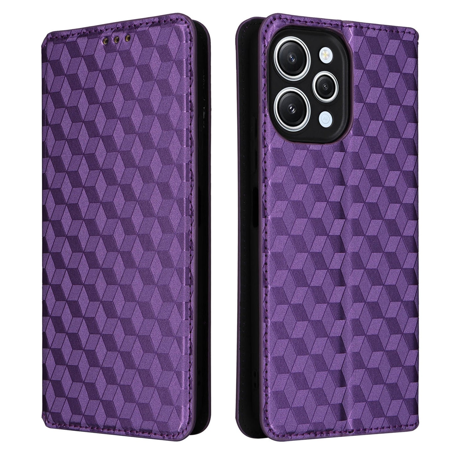 Flip Stand Phone Case for Xiaomi Redmi 12 4G Rhombus Imprinted PU Leather Wallet Cover - Purple