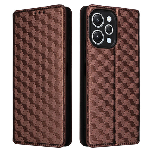 Flip Stand Phone Case for Xiaomi Redmi 12 4G Rhombus Imprinted PU Leather Wallet Cover - Brown