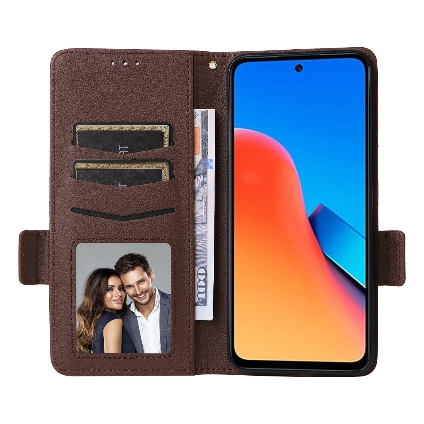 Uniqkart for Xiaomi Redmi 12 4G Litchi Texture Stand Phone Case Anti-fall PU Leather Wallet Cover - Brown