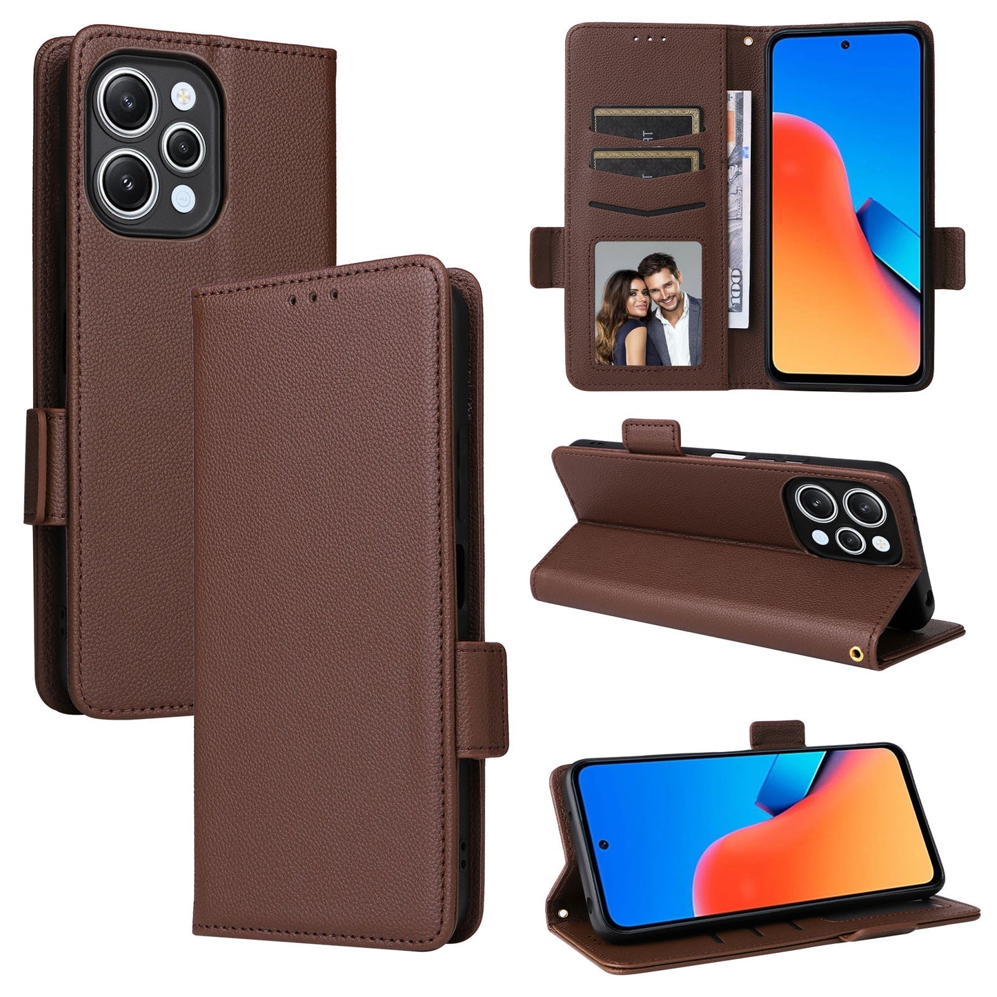 Uniqkart for Xiaomi Redmi 12 4G Litchi Texture Stand Phone Case Anti-fall PU Leather Wallet Cover - Brown