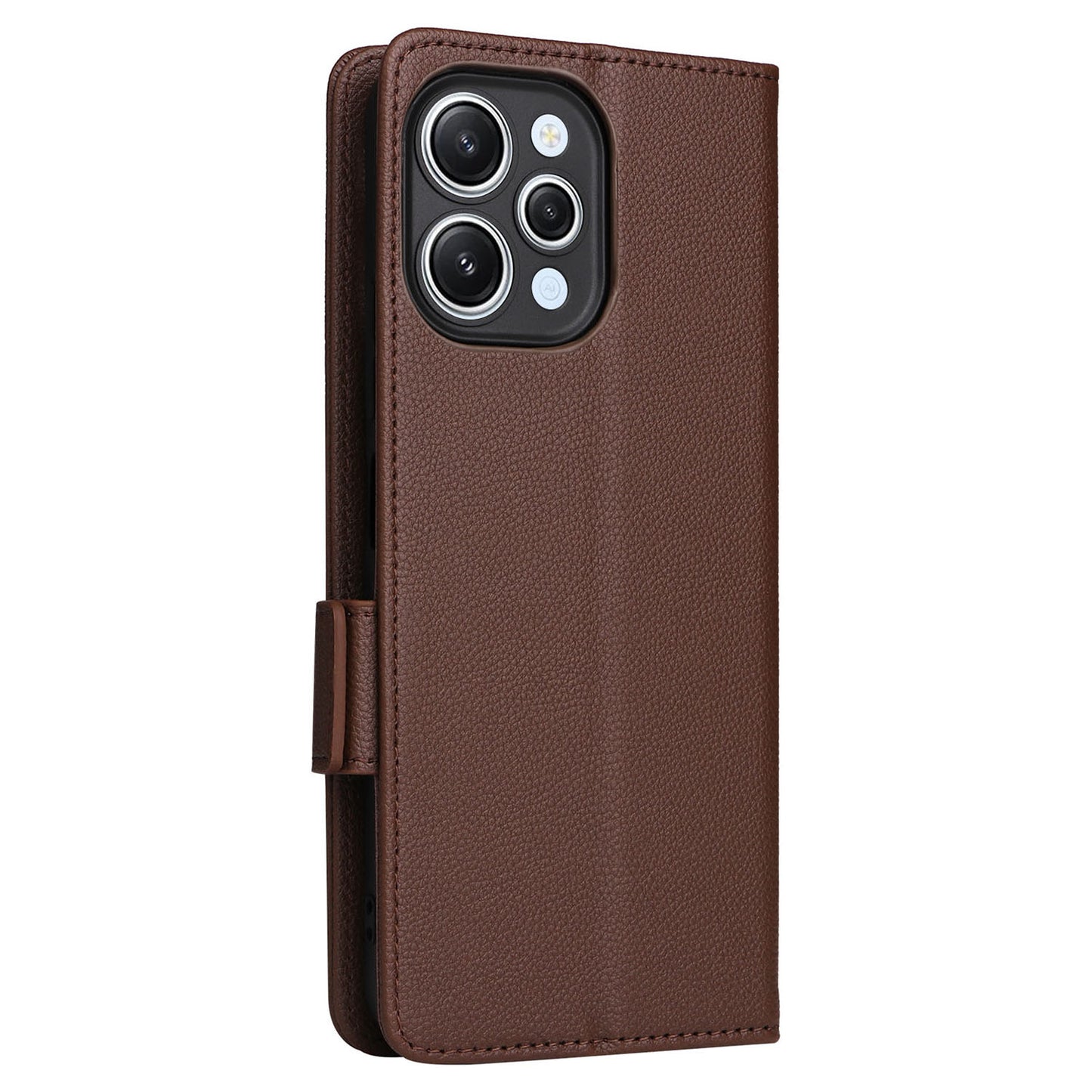 Uniqkart for Xiaomi Redmi 12 4G Litchi Texture Stand Phone Case Anti-fall PU Leather Wallet Cover - Brown
