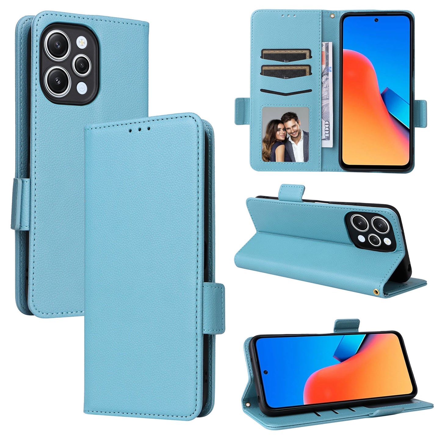 Uniqkart for Xiaomi Redmi 12 4G Litchi Texture Stand Phone Case Anti-fall PU Leather Wallet Cover - Baby Blue