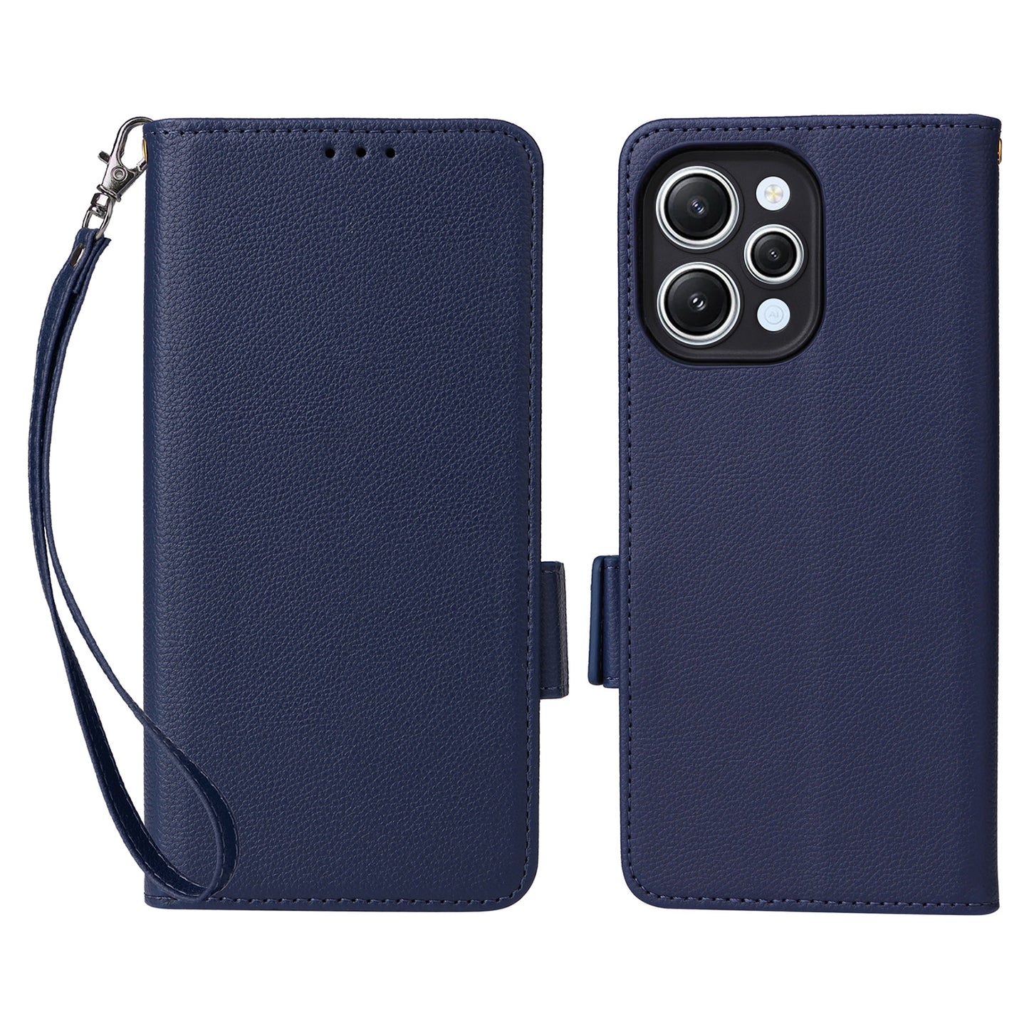 Uniqkart for Xiaomi Redmi 12 4G Litchi Texture Stand Phone Case Anti-fall PU Leather Wallet Cover - Dark Blue