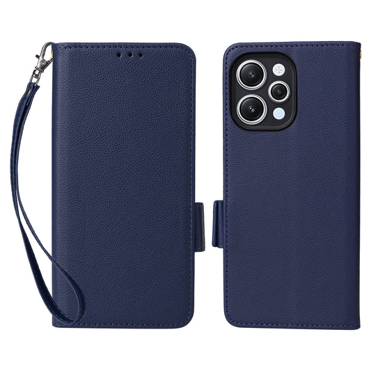 Uniqkart for Xiaomi Redmi 12 4G Litchi Texture Stand Phone Case Anti-fall PU Leather Wallet Cover - Dark Blue
