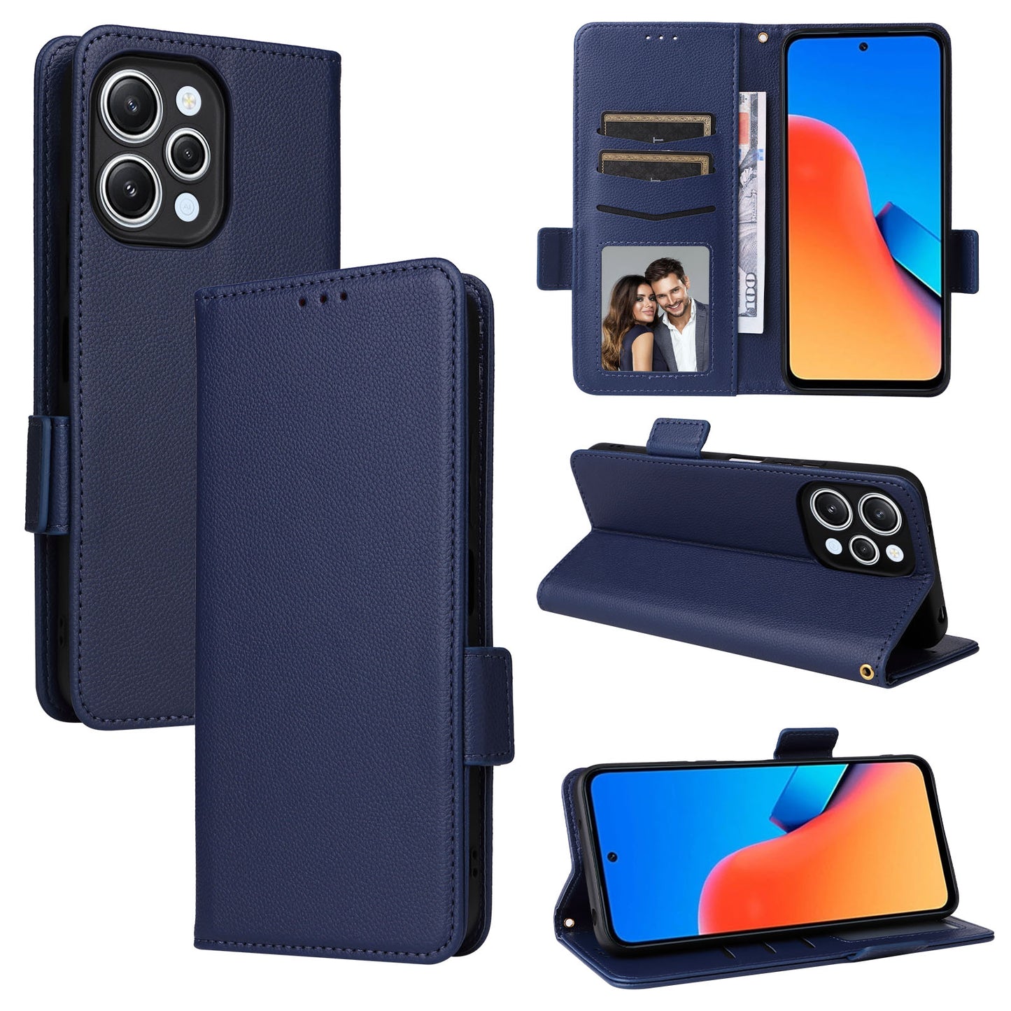 Uniqkart for Xiaomi Redmi 12 4G Litchi Texture Stand Phone Case Anti-fall PU Leather Wallet Cover - Dark Blue