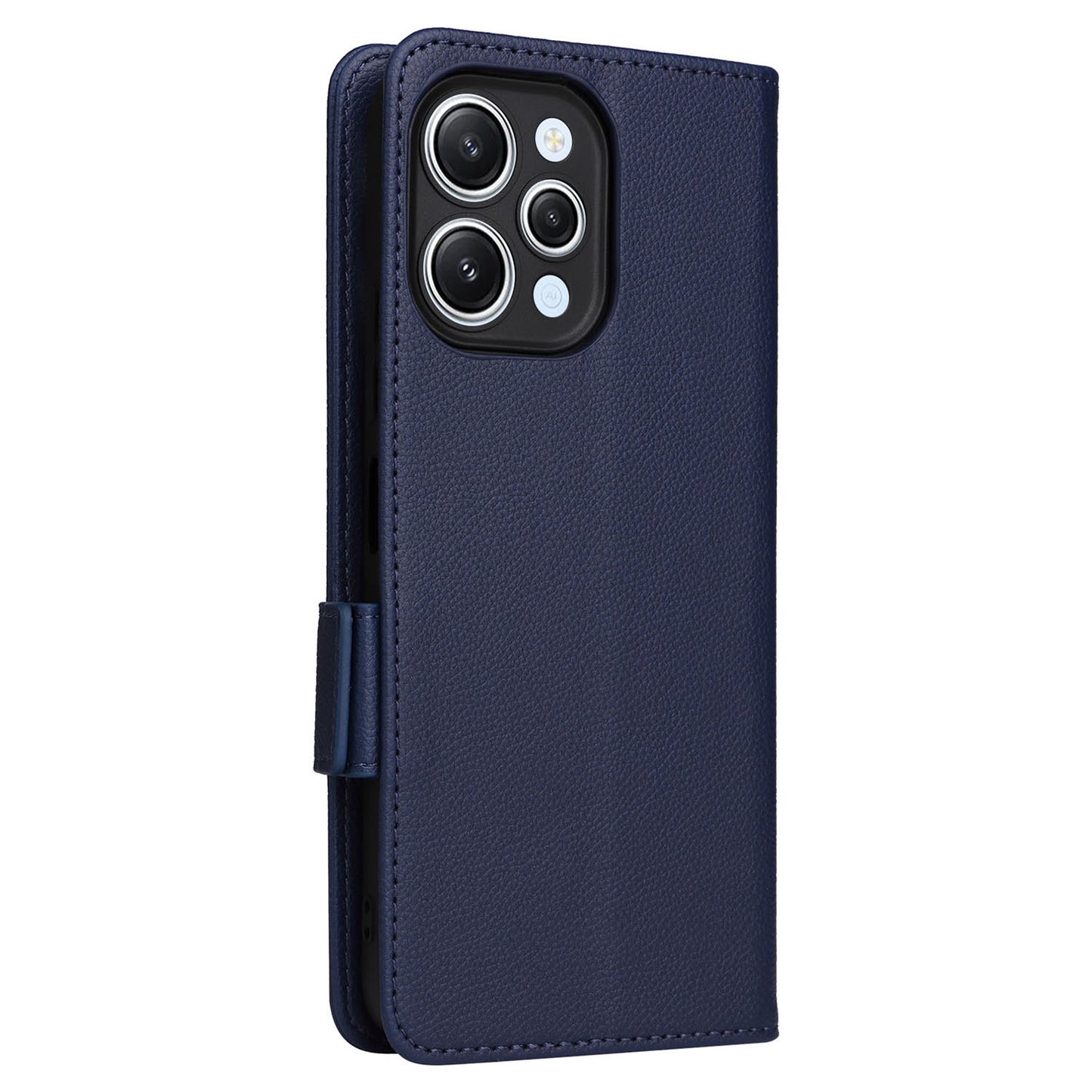 Uniqkart for Xiaomi Redmi 12 4G Litchi Texture Stand Phone Case Anti-fall PU Leather Wallet Cover - Dark Blue