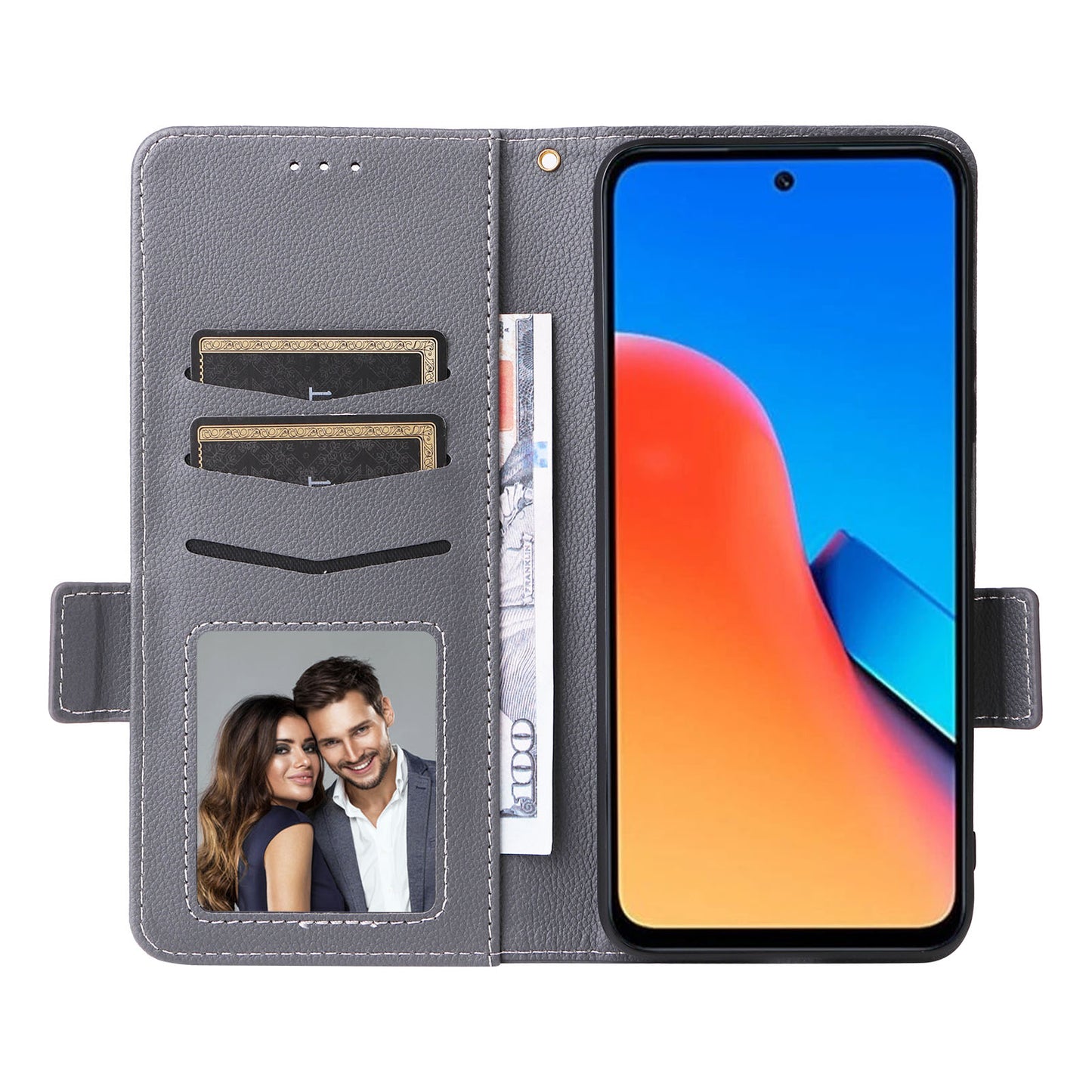 Uniqkart for Xiaomi Redmi 12 4G Litchi Texture Stand Phone Case Anti-fall PU Leather Wallet Cover - Grey