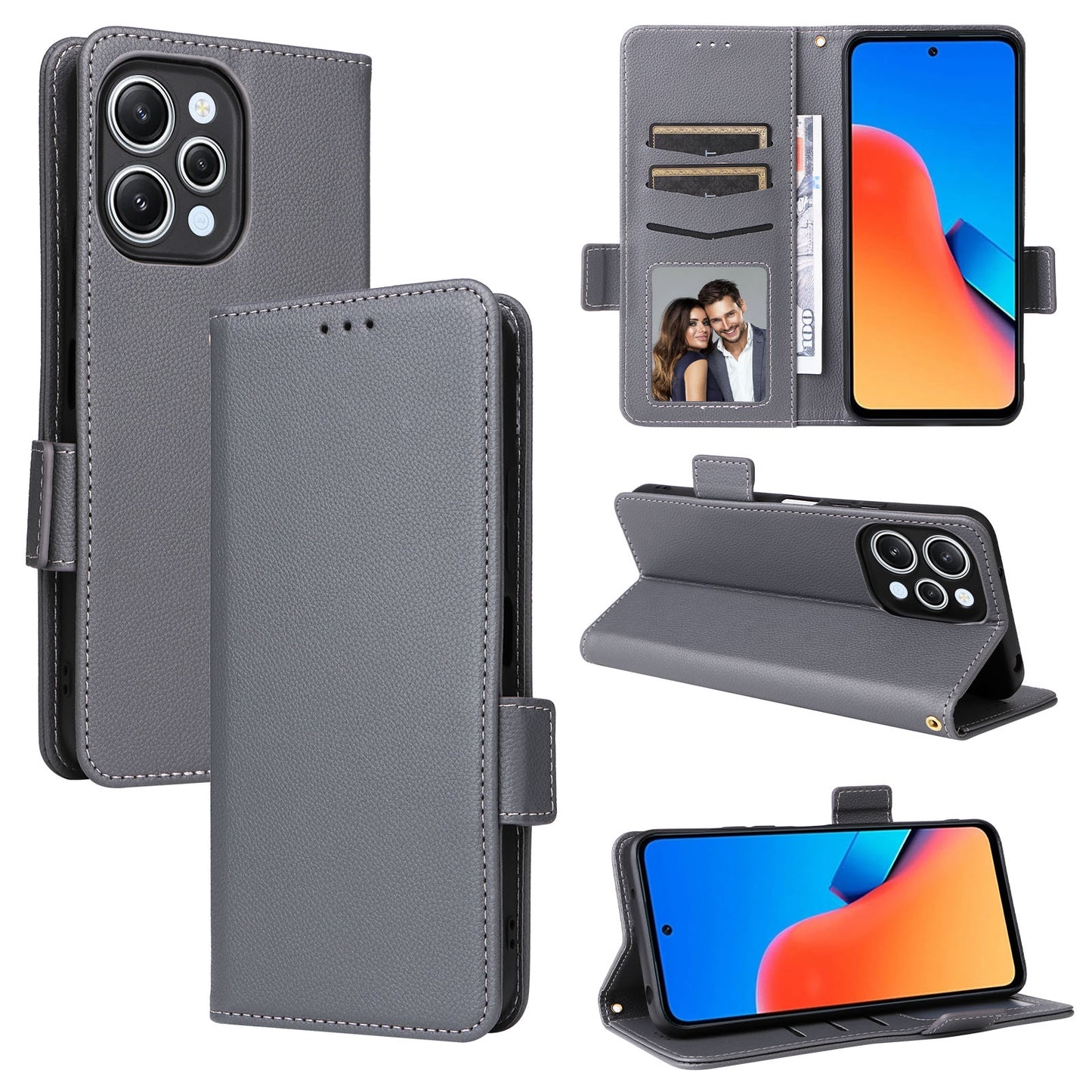 Uniqkart for Xiaomi Redmi 12 4G Litchi Texture Stand Phone Case Anti-fall PU Leather Wallet Cover - Grey