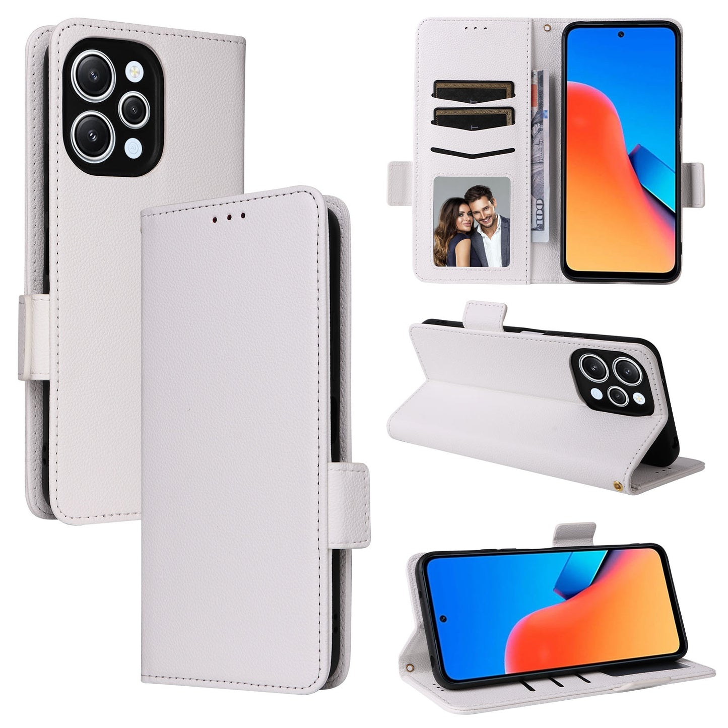 Uniqkart for Xiaomi Redmi 12 4G Litchi Texture Stand Phone Case Anti-fall PU Leather Wallet Cover - White