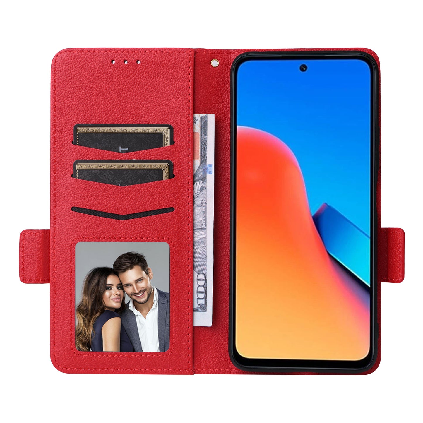 Uniqkart for Xiaomi Redmi 12 4G Litchi Texture Stand Phone Case Anti-fall PU Leather Wallet Cover - Red