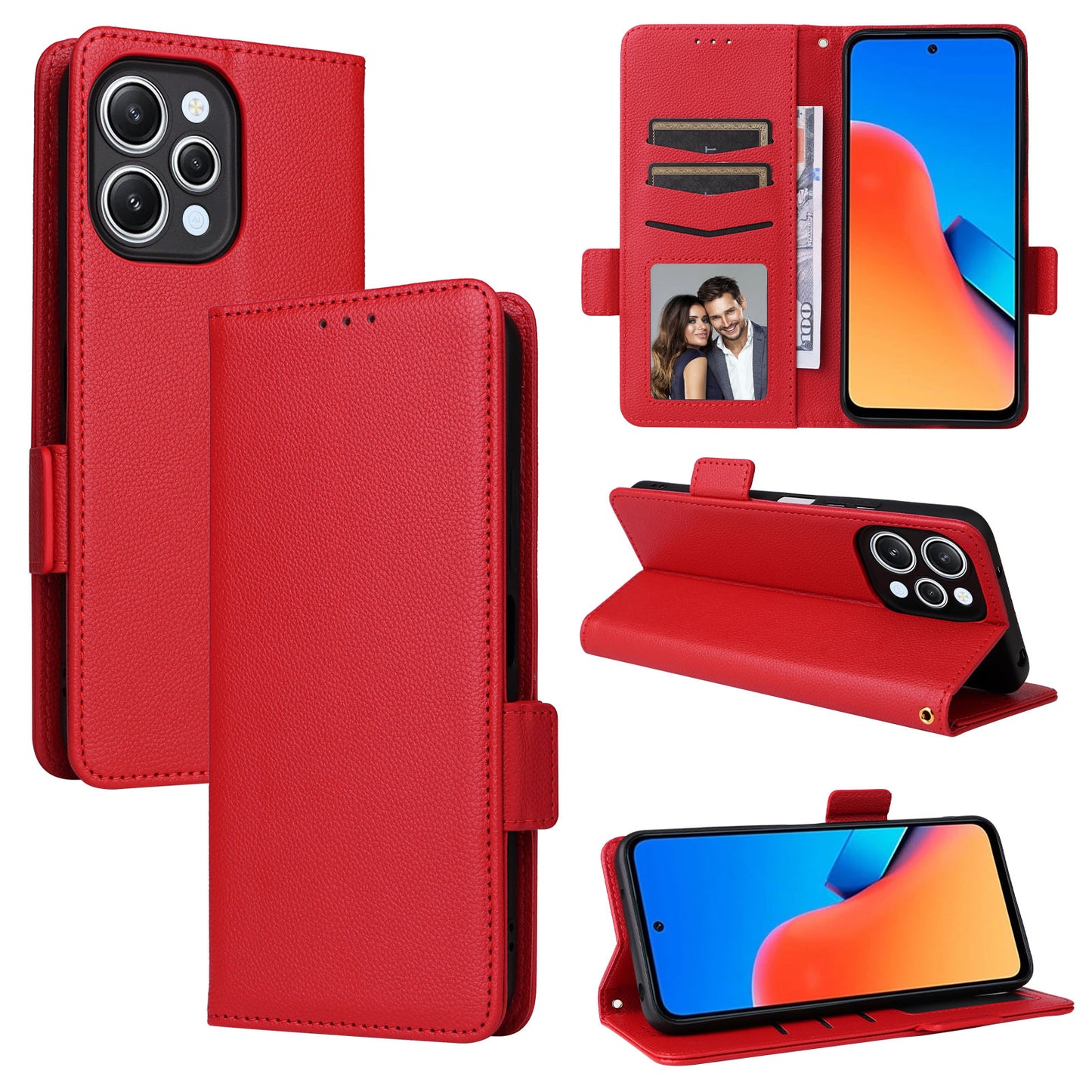 Uniqkart for Xiaomi Redmi 12 4G Litchi Texture Stand Phone Case Anti-fall PU Leather Wallet Cover - Red
