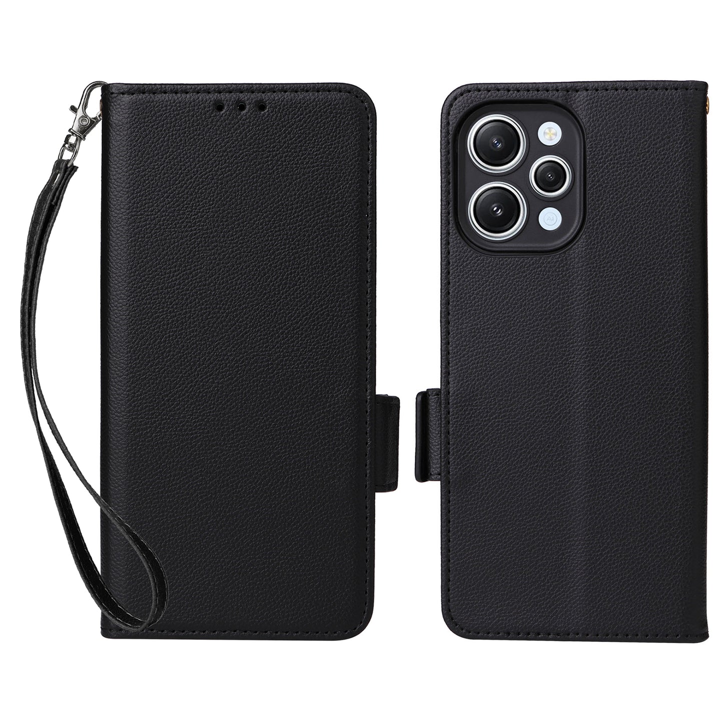 Uniqkart for Xiaomi Redmi 12 4G Litchi Texture Stand Phone Case Anti-fall PU Leather Wallet Cover - Black
