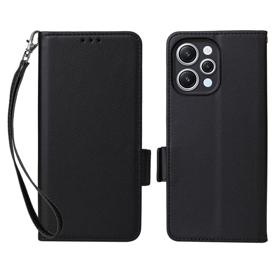 Uniqkart for Xiaomi Redmi 12 4G Litchi Texture Stand Phone Case Anti-fall PU Leather Wallet Cover - Black