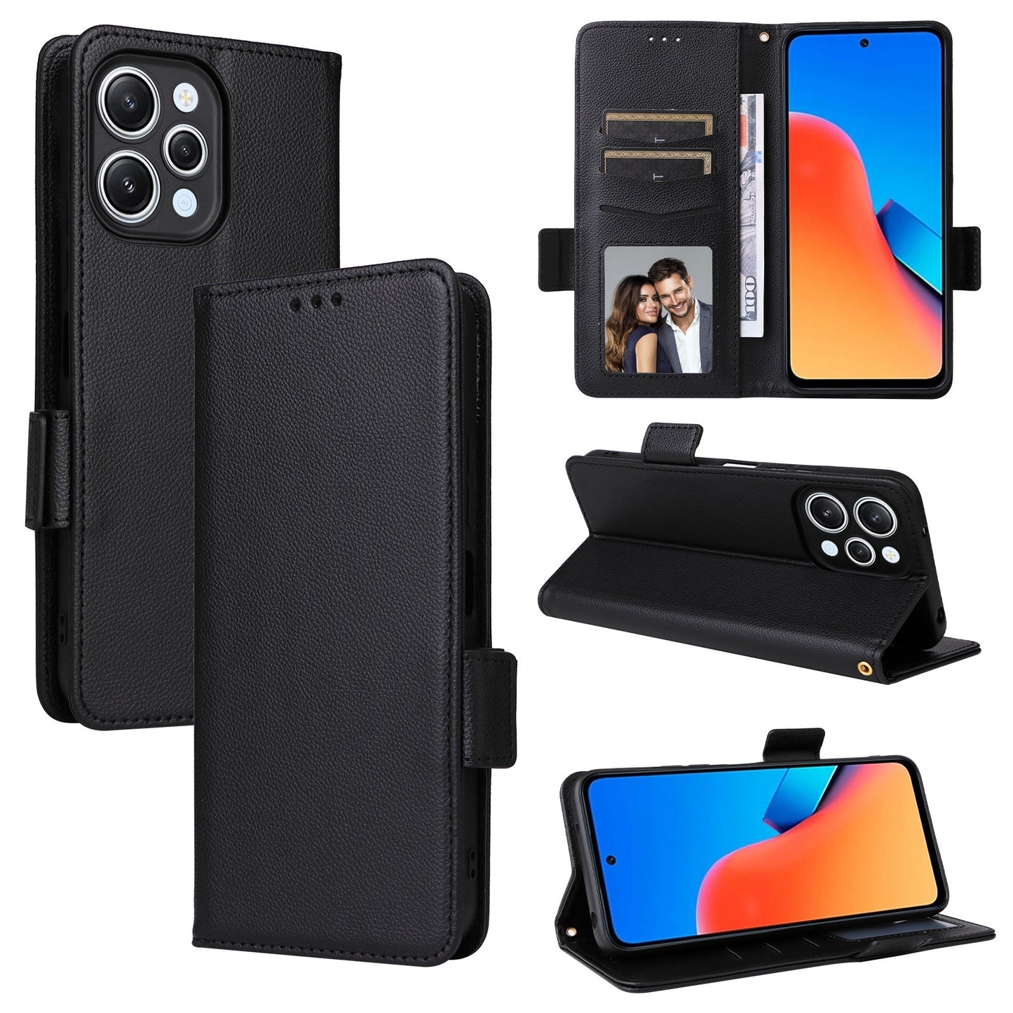 Uniqkart for Xiaomi Redmi 12 4G Litchi Texture Stand Phone Case Anti-fall PU Leather Wallet Cover - Black