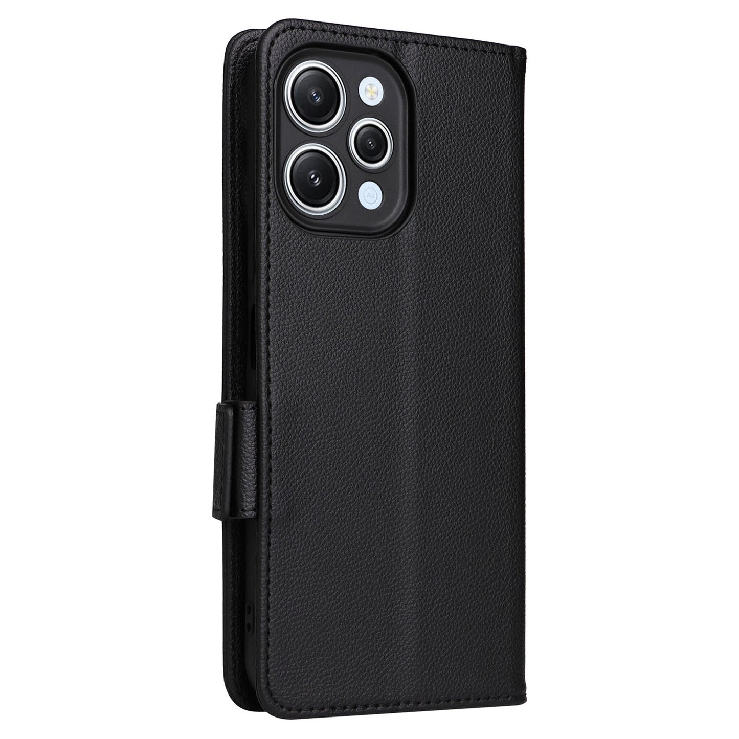Uniqkart for Xiaomi Redmi 12 4G Litchi Texture Stand Phone Case Anti-fall PU Leather Wallet Cover - Black