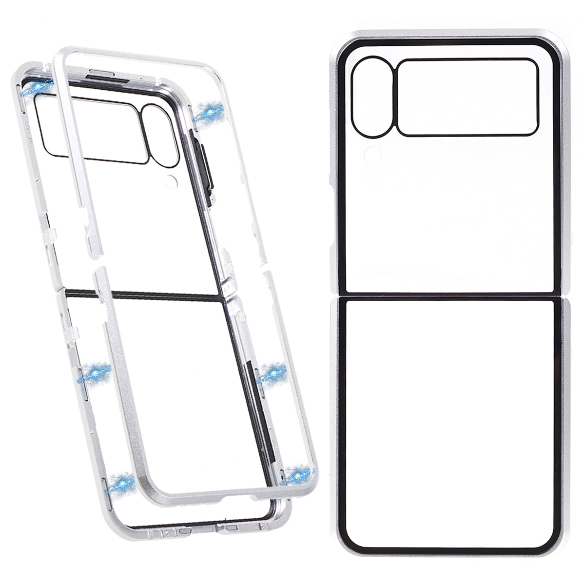 Phone Case for Samsung Galaxy Z Flip4 5G Magnetic Adsorption Metal Frame + Tempered Glass Clear Phone Cover - Silver