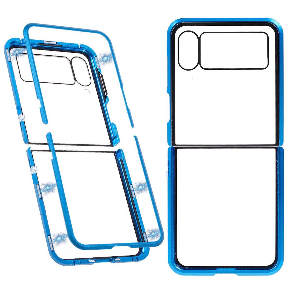 Phone Case for Samsung Galaxy Z Flip4 5G Magnetic Adsorption Metal Frame + Tempered Glass Clear Phone Cover - Blue