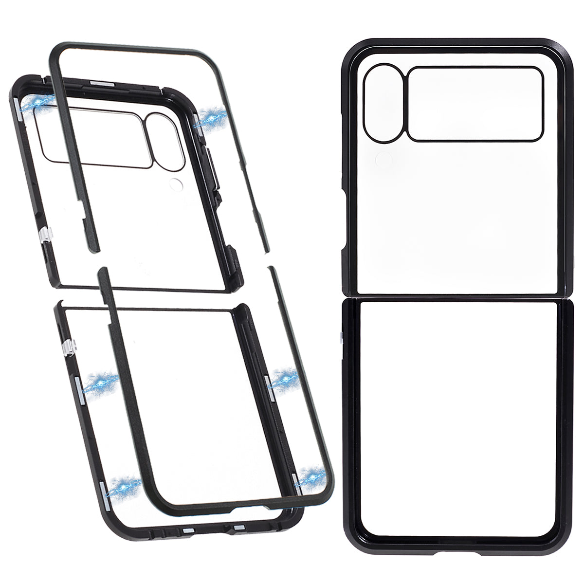 Phone Case for Samsung Galaxy Z Flip4 5G Magnetic Adsorption Metal Frame + Tempered Glass Clear Phone Cover - Black