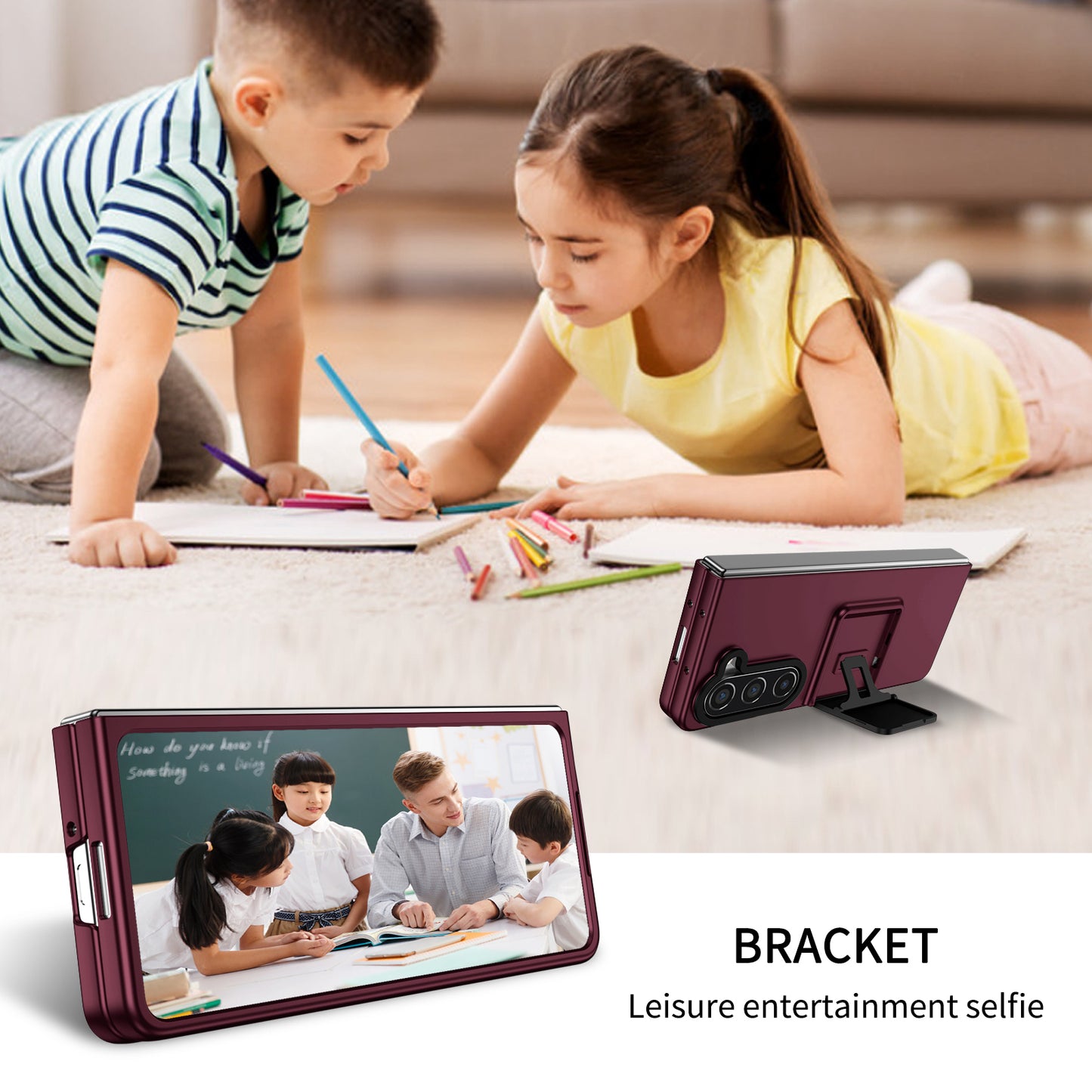 Uniqkart for Samsung Galaxy Z Fold5 5G Kickstand Phone Case Drop-proof Hard PC Cover - Wine Red