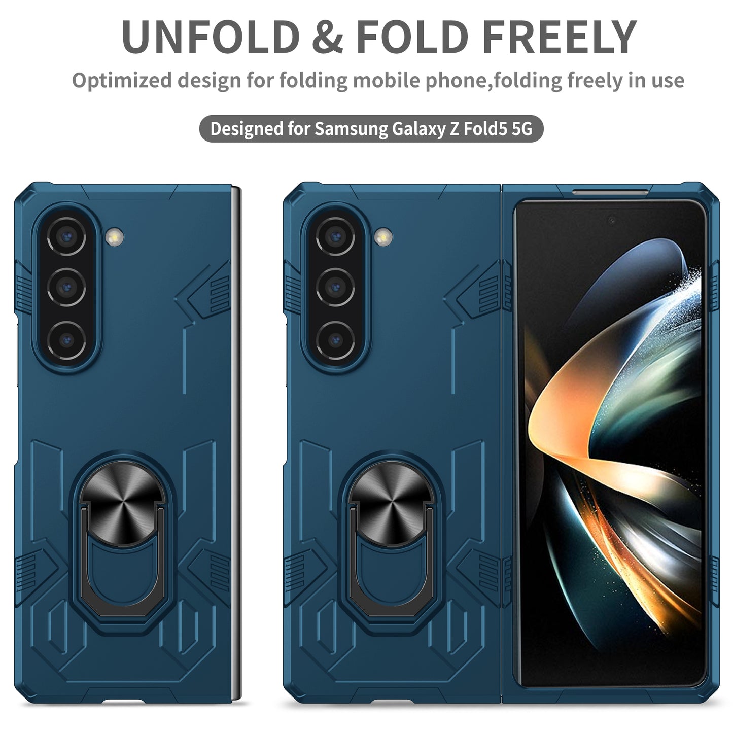 Uniqkart for Samsung Galaxy Z Fold5 5G Ring Kickstand Phone Case Hard PC Anti-drop Cover Support Magnetic Car Mount - Blue