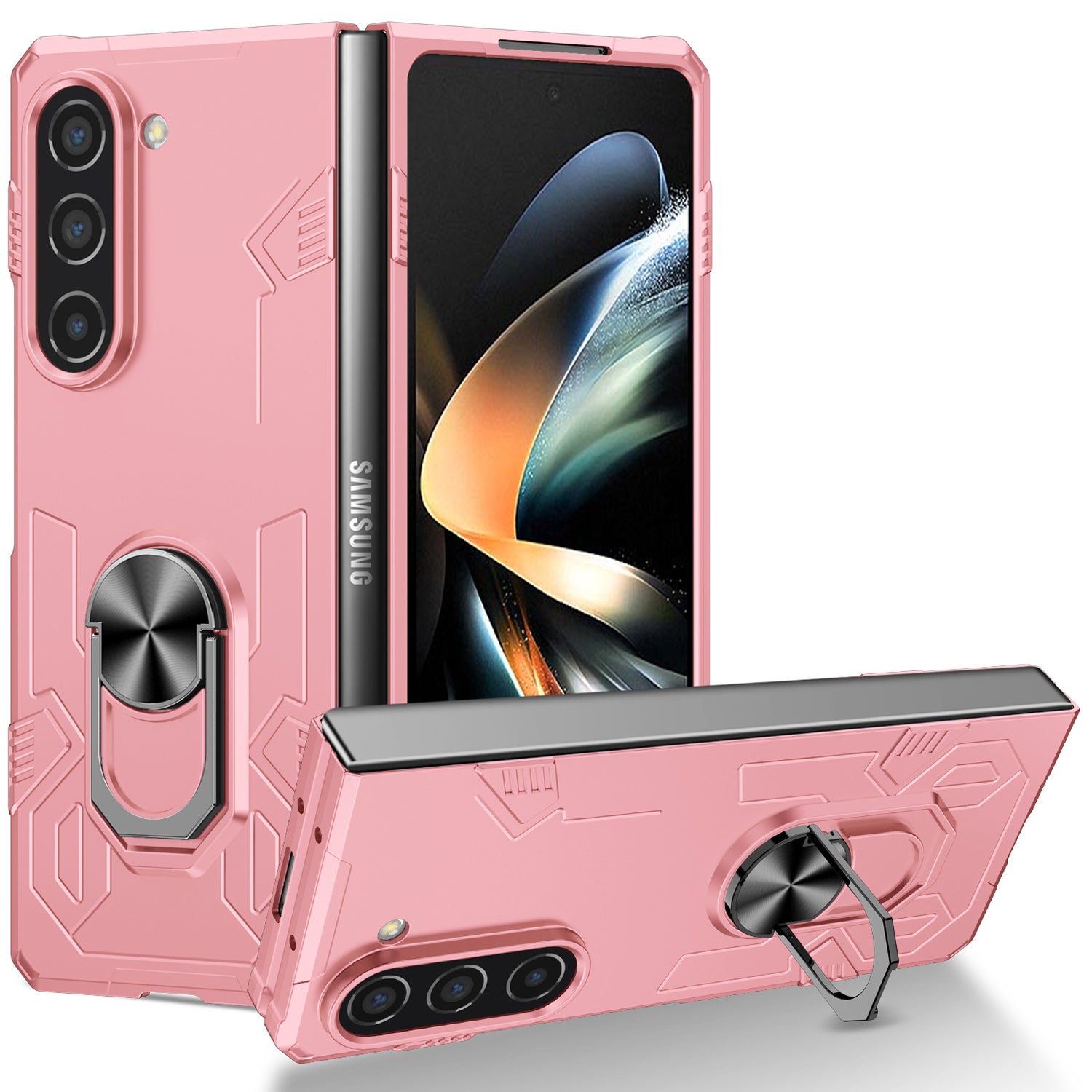 Uniqkart for Samsung Galaxy Z Fold5 5G Ring Kickstand Phone Case Hard PC Anti-drop Cover Support Magnetic Car Mount - Pink