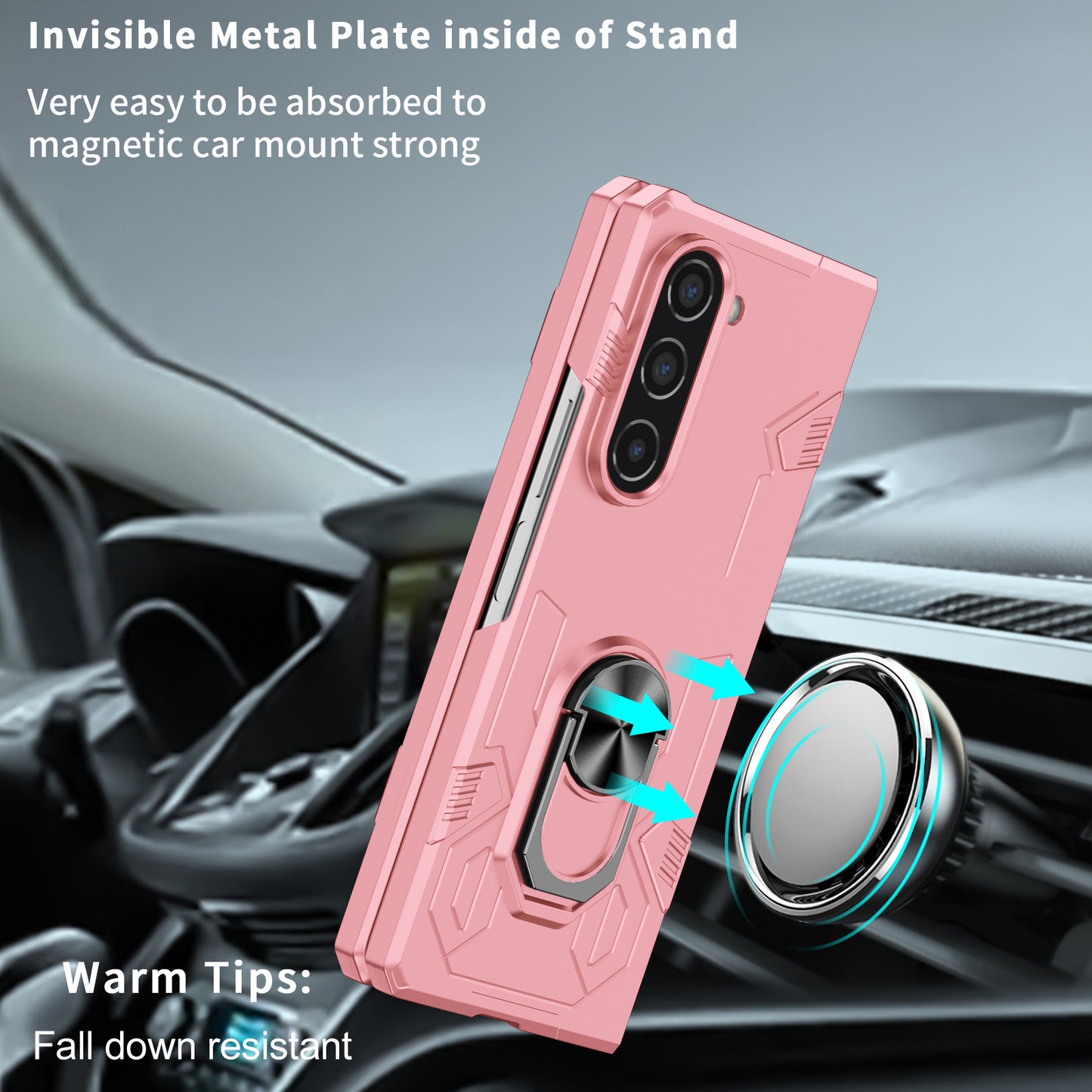 Uniqkart for Samsung Galaxy Z Fold5 5G Ring Kickstand Phone Case Hard PC Anti-drop Cover Support Magnetic Car Mount - Pink