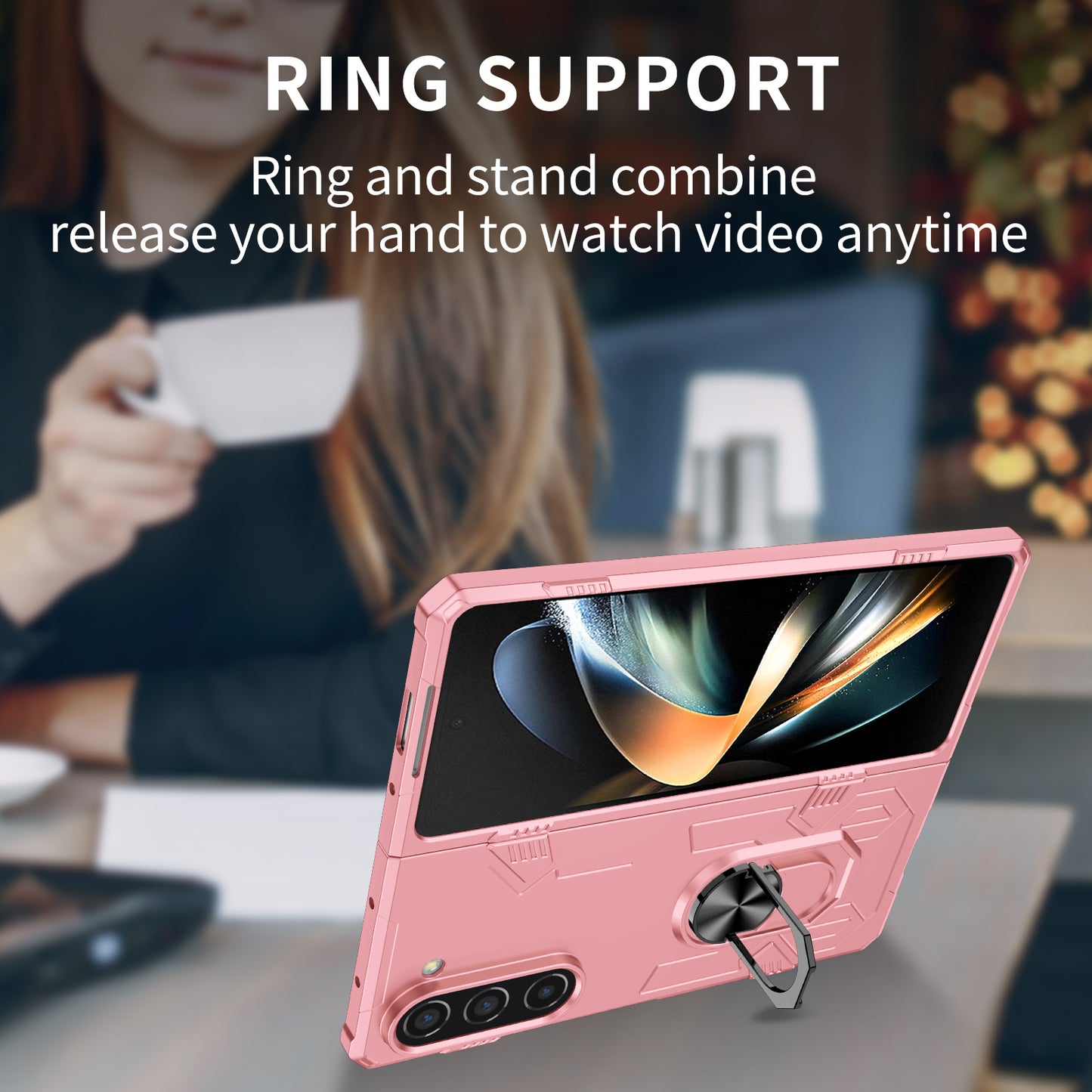 Uniqkart for Samsung Galaxy Z Fold5 5G Ring Kickstand Phone Case Hard PC Anti-drop Cover Support Magnetic Car Mount - Pink