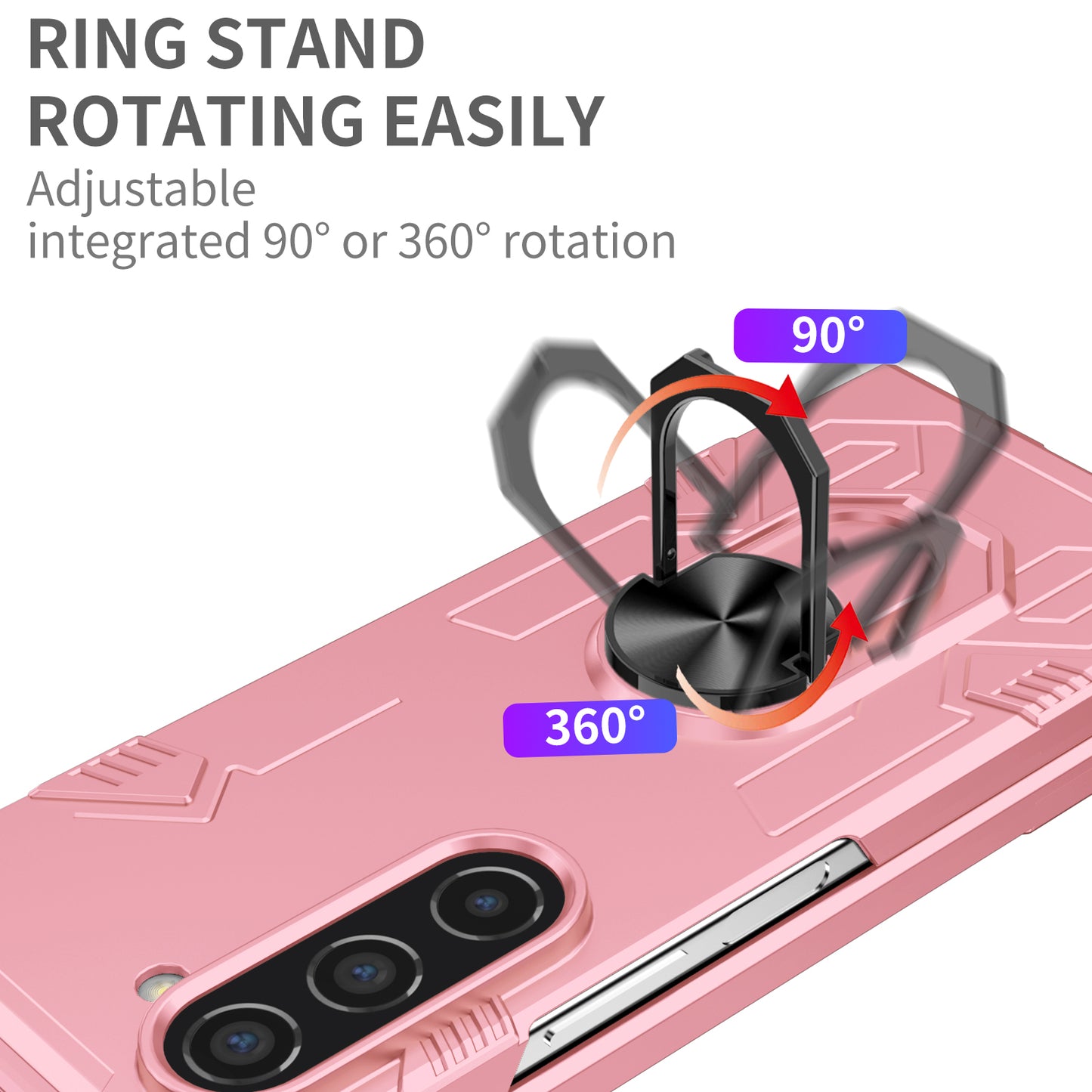 Uniqkart for Samsung Galaxy Z Fold5 5G Ring Kickstand Phone Case Hard PC Anti-drop Cover Support Magnetic Car Mount - Pink