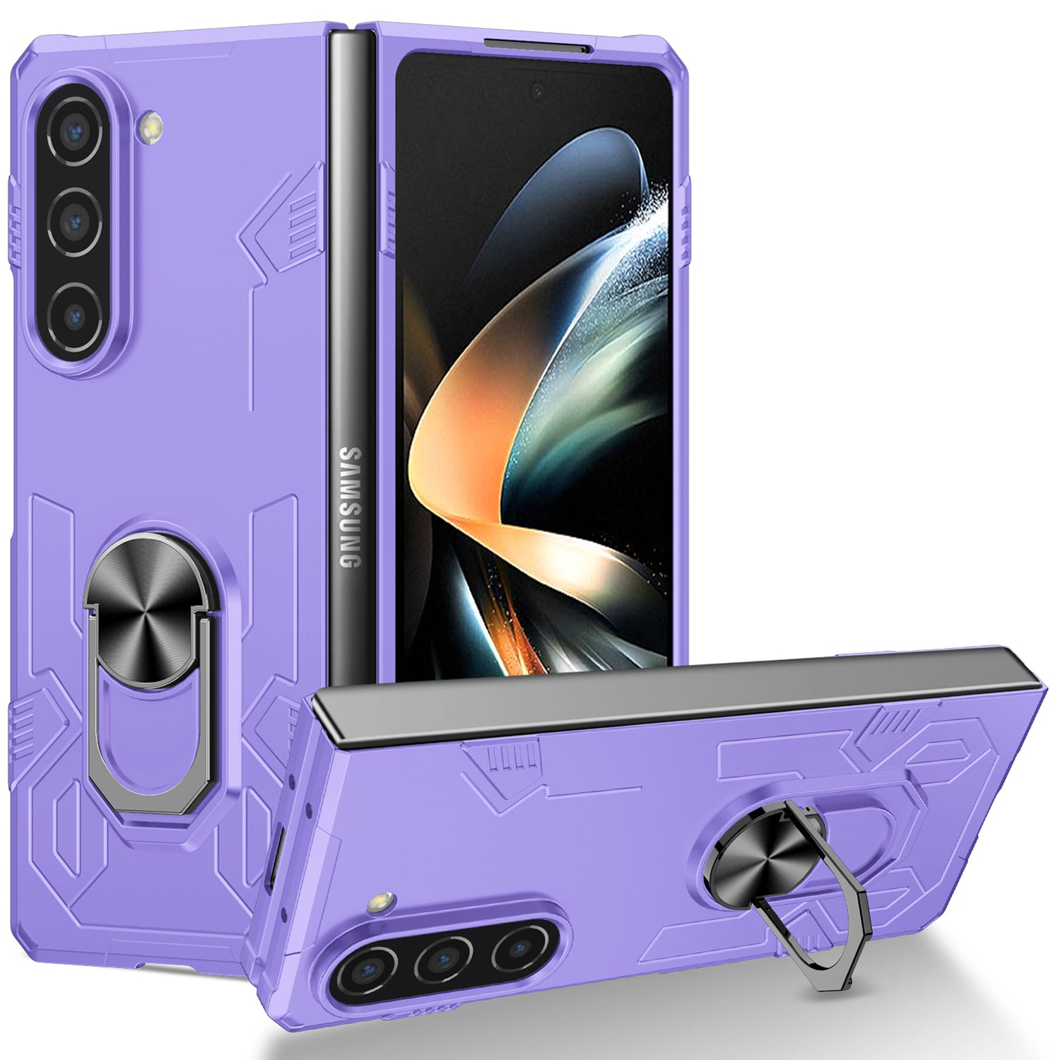 Uniqkart for Samsung Galaxy Z Fold5 5G Ring Kickstand Phone Case Hard PC Anti-drop Cover Support Magnetic Car Mount - Purple