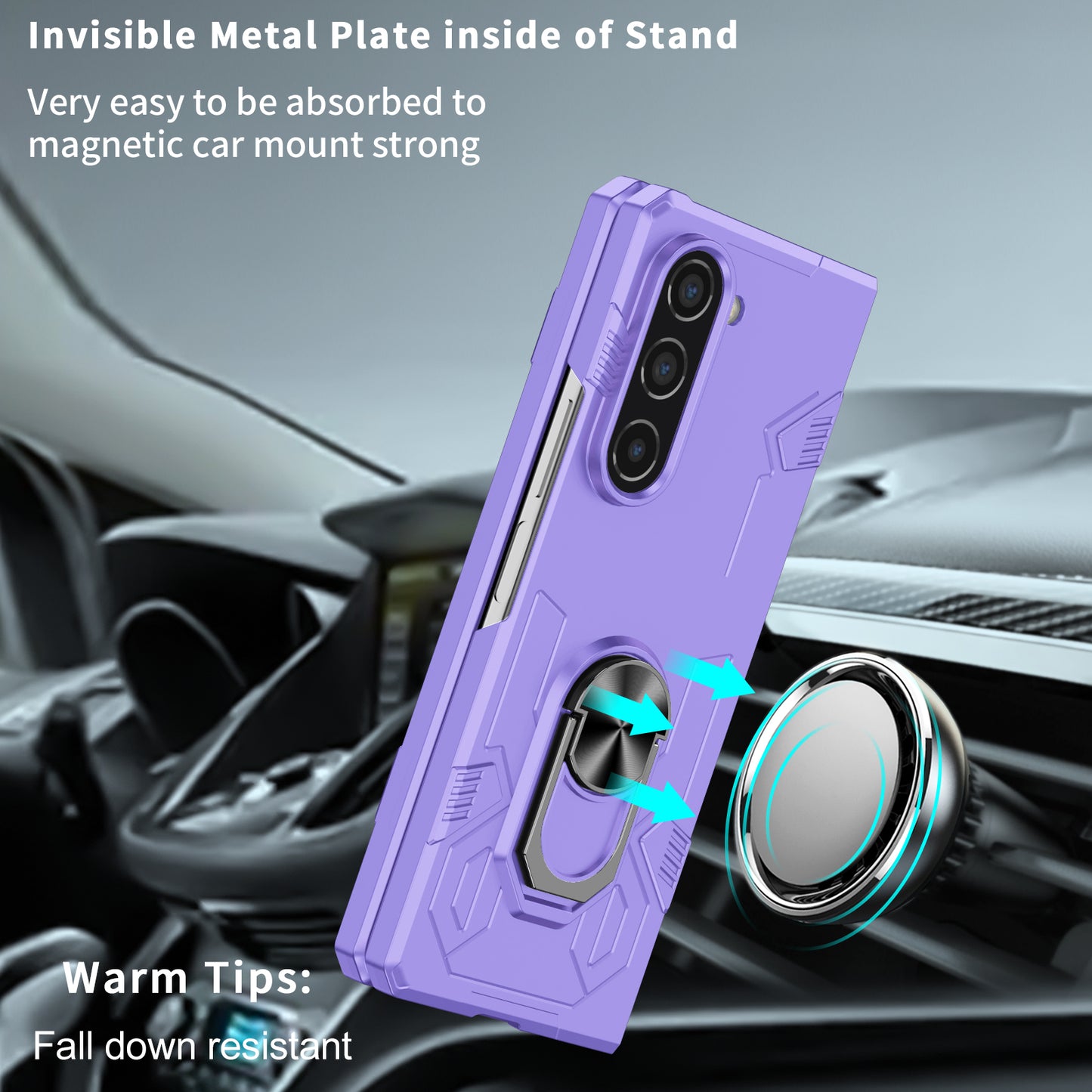Uniqkart for Samsung Galaxy Z Fold5 5G Ring Kickstand Phone Case Hard PC Anti-drop Cover Support Magnetic Car Mount - Purple