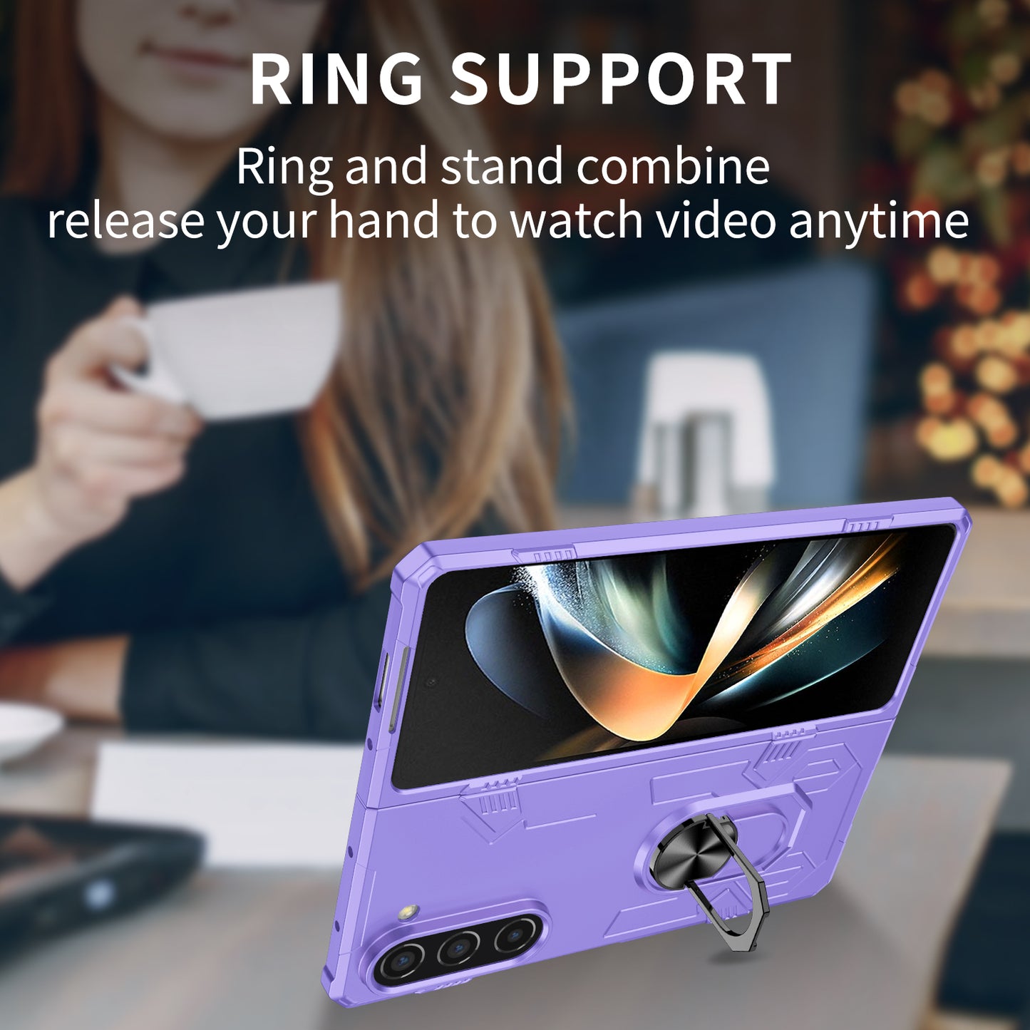 Uniqkart for Samsung Galaxy Z Fold5 5G Ring Kickstand Phone Case Hard PC Anti-drop Cover Support Magnetic Car Mount - Purple