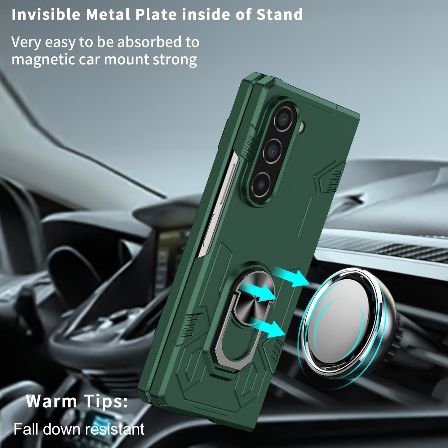 Uniqkart for Samsung Galaxy Z Fold5 5G Ring Kickstand Phone Case Hard PC Anti-drop Cover Support Magnetic Car Mount - Blackish Green