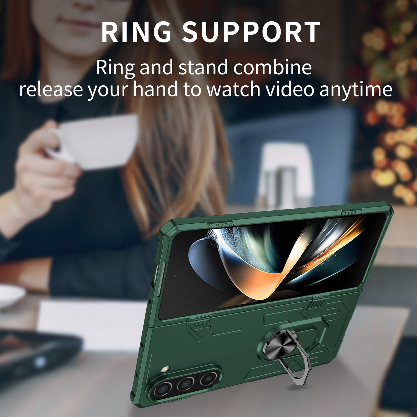 Uniqkart for Samsung Galaxy Z Fold5 5G Ring Kickstand Phone Case Hard PC Anti-drop Cover Support Magnetic Car Mount - Blackish Green