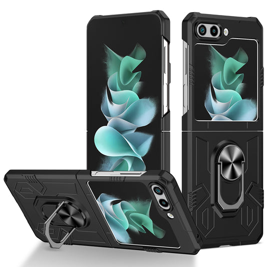 Uniqkart for Galaxy Z Flip5 5G PC Shockproof Cover Ring Kickstand Phone Case Support Magnetic Car Mount - Black