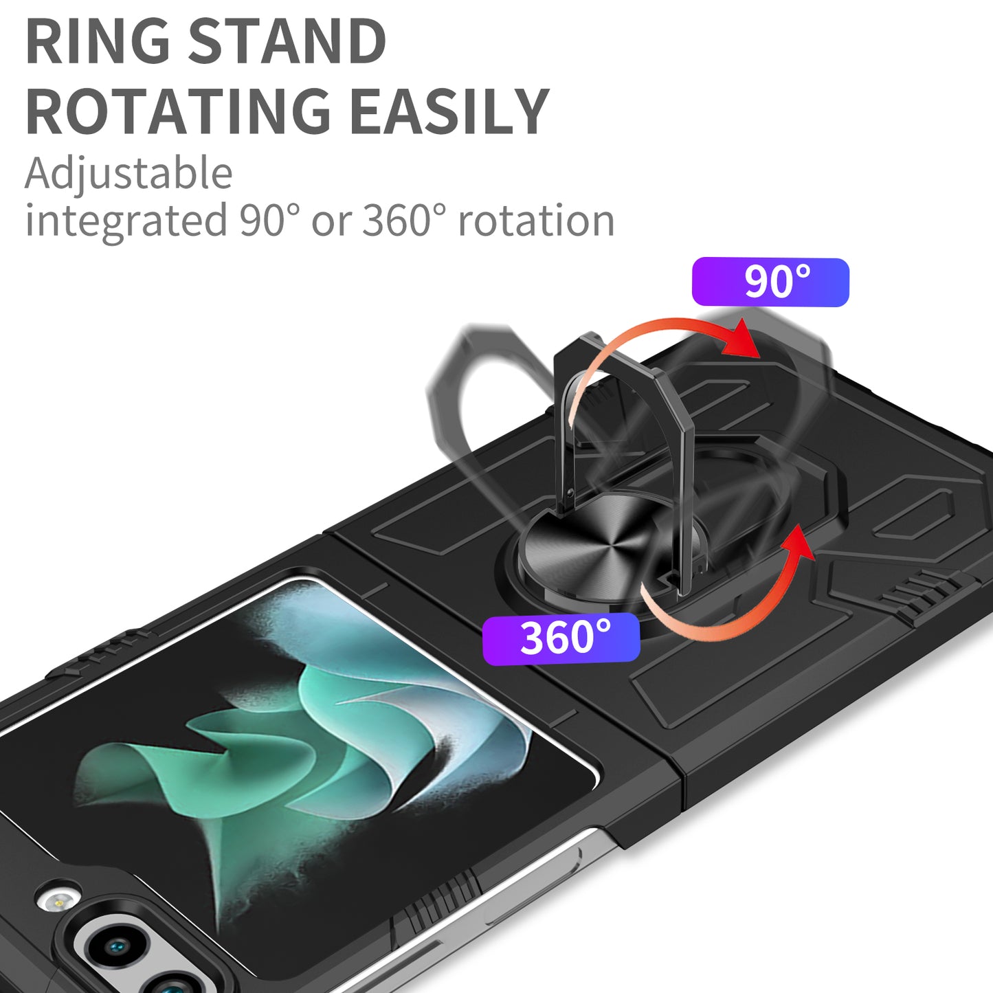 Uniqkart for Galaxy Z Flip5 5G PC Shockproof Cover Ring Kickstand Phone Case Support Magnetic Car Mount - Black