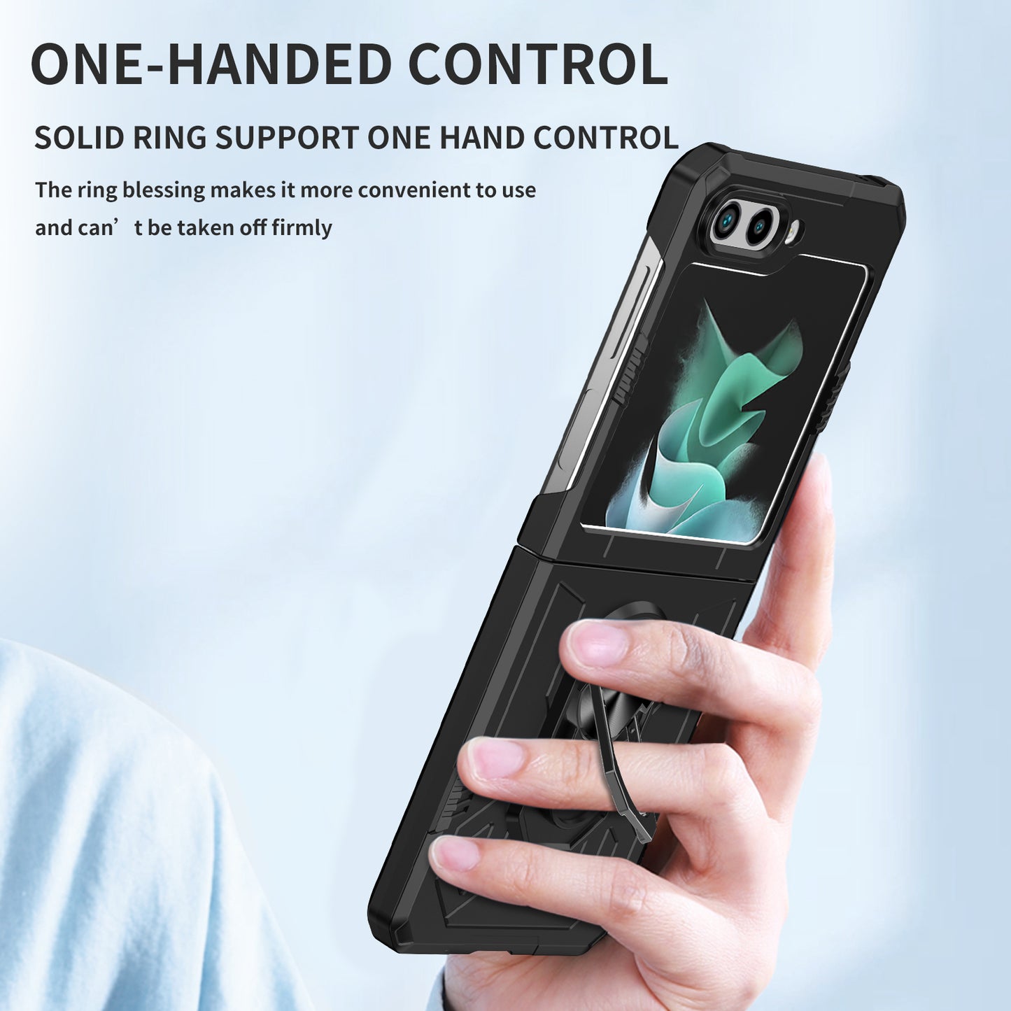 Uniqkart for Galaxy Z Flip5 5G PC Shockproof Cover Ring Kickstand Phone Case Support Magnetic Car Mount - Black
