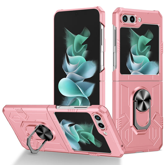 Uniqkart for Galaxy Z Flip5 5G PC Shockproof Cover Ring Kickstand Phone Case Support Magnetic Car Mount - Pink