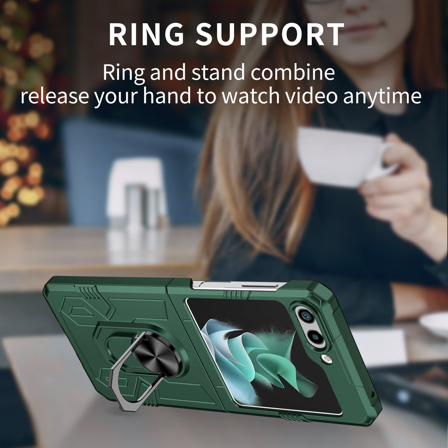 Uniqkart for Galaxy Z Flip5 5G PC Shockproof Cover Ring Kickstand Phone Case Support Magnetic Car Mount - Blackish Green