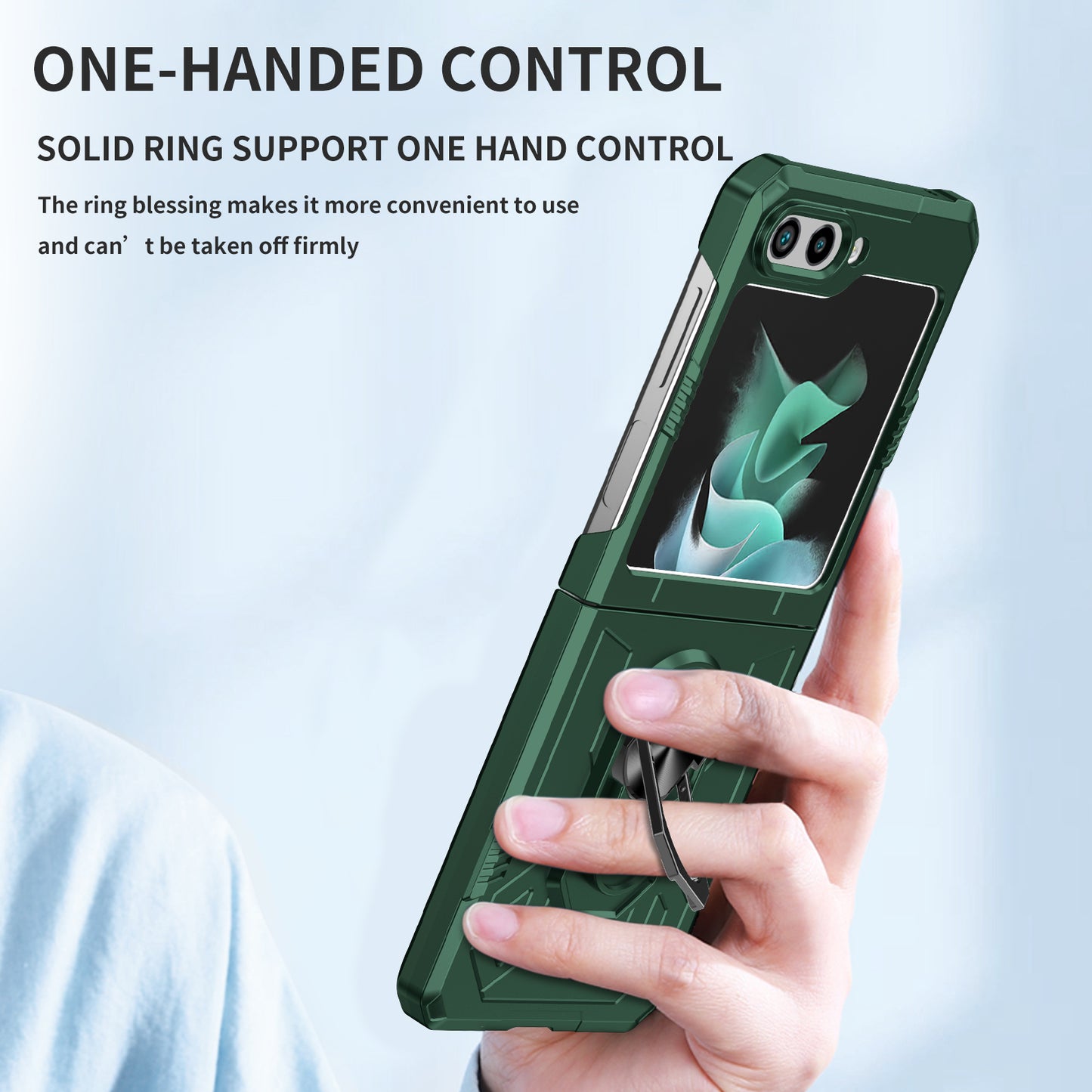 Uniqkart for Galaxy Z Flip5 5G PC Shockproof Cover Ring Kickstand Phone Case Support Magnetic Car Mount - Blackish Green