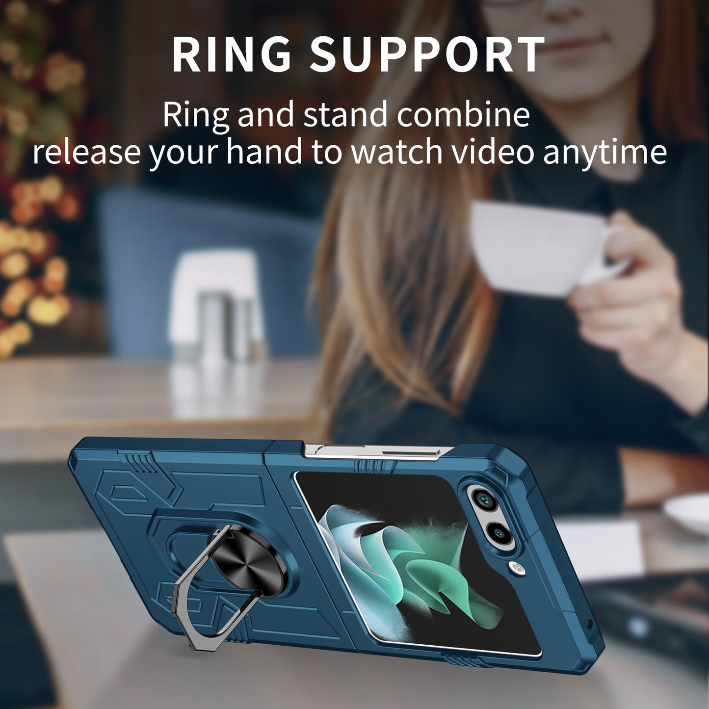 Uniqkart for Galaxy Z Flip5 5G PC Shockproof Cover Ring Kickstand Phone Case Support Magnetic Car Mount - Blue