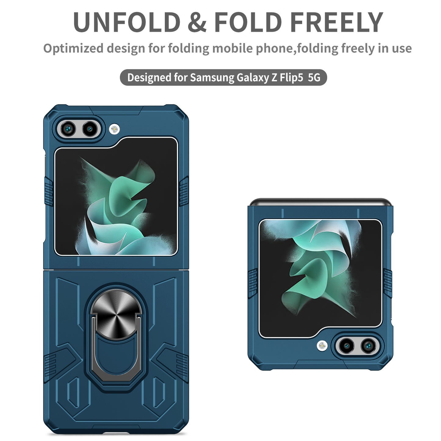Uniqkart for Galaxy Z Flip5 5G PC Shockproof Cover Ring Kickstand Phone Case Support Magnetic Car Mount - Blue