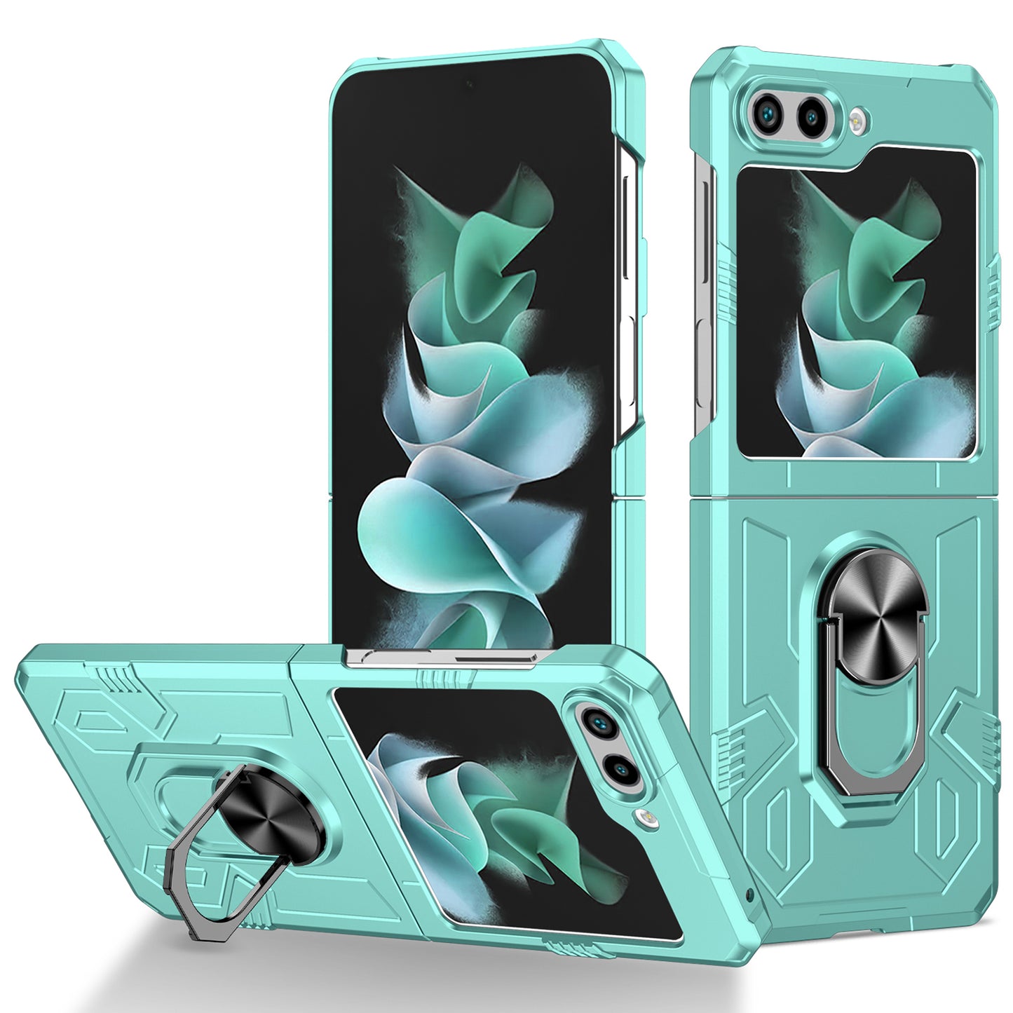Uniqkart for Galaxy Z Flip5 5G PC Shockproof Cover Ring Kickstand Phone Case Support Magnetic Car Mount - Green