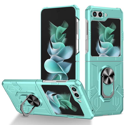 Uniqkart for Galaxy Z Flip5 5G PC Shockproof Cover Ring Kickstand Phone Case Support Magnetic Car Mount - Green