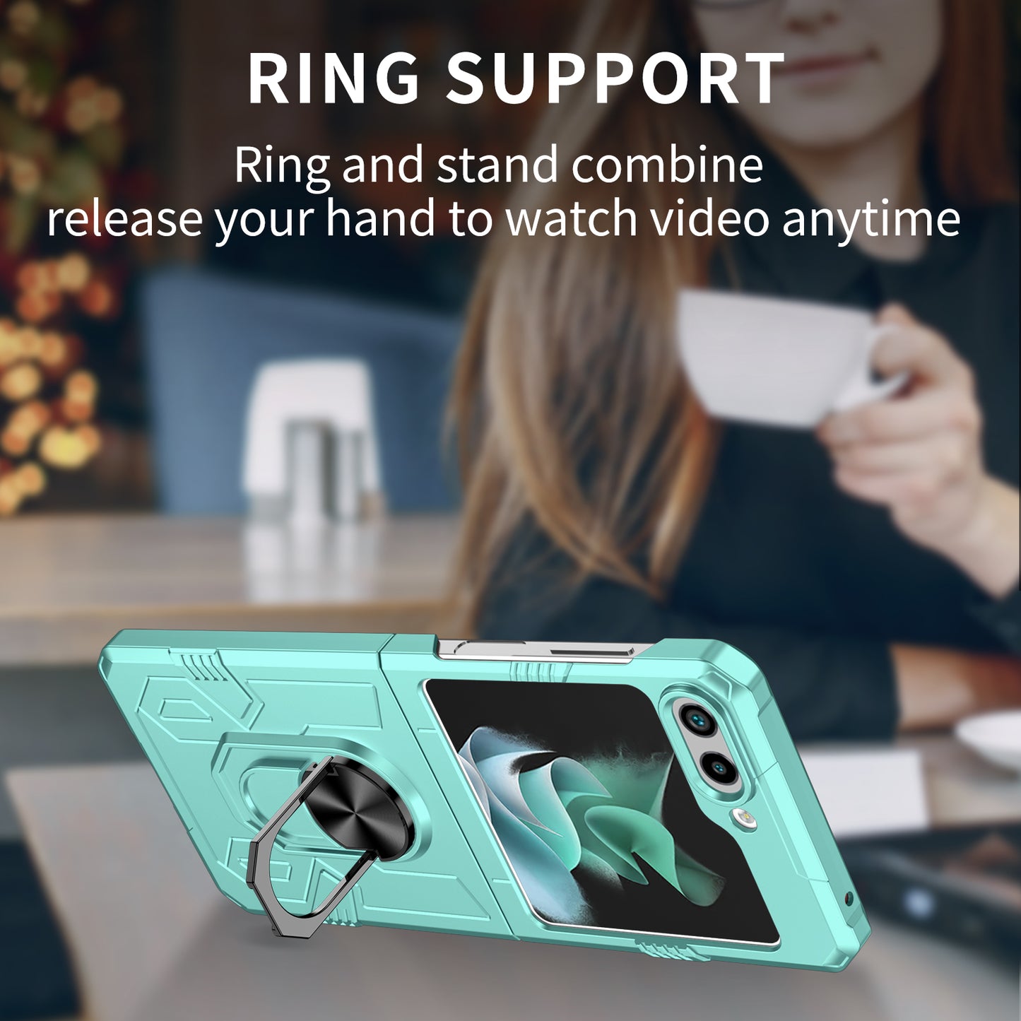 Uniqkart for Galaxy Z Flip5 5G PC Shockproof Cover Ring Kickstand Phone Case Support Magnetic Car Mount - Green