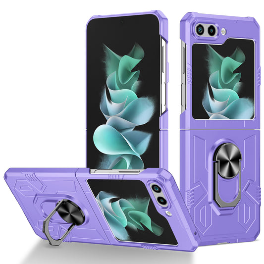 Uniqkart for Galaxy Z Flip5 5G PC Shockproof Cover Ring Kickstand Phone Case Support Magnetic Car Mount - Purple